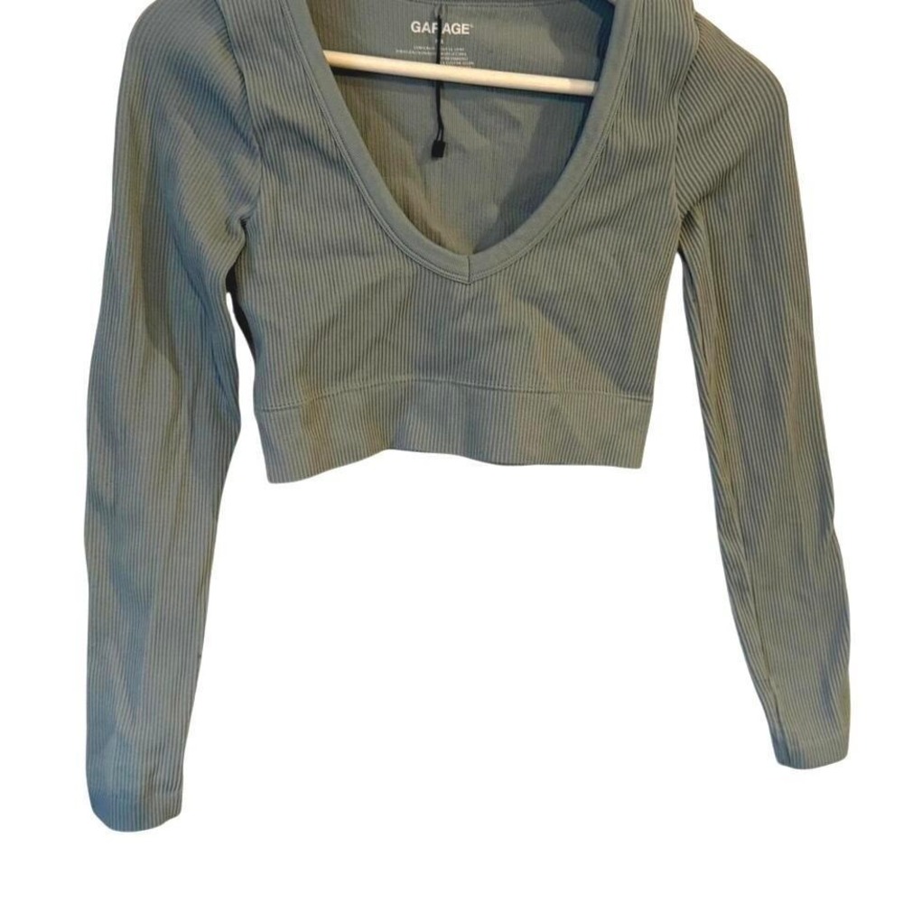 Garage Ribbed Seamless Long Sleeve V Neck Crop Top Sage Green